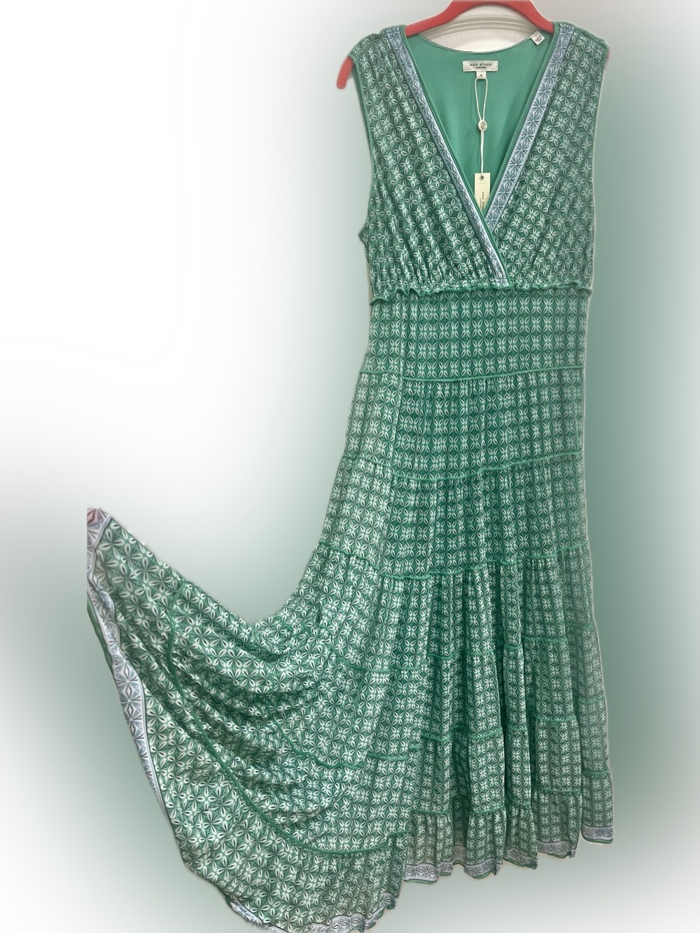 Max Studio London Green Geo Tile Tiered Maxi Dress NWT Size M Boho